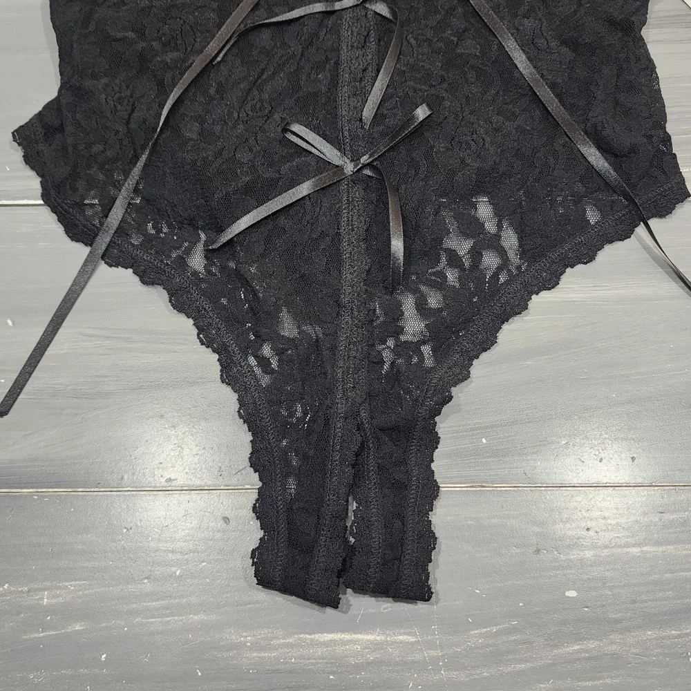 Hanky Panky After Midnight Black Lace Teddy Bodysuit Front Tie Large
